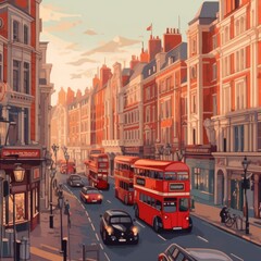 Naklejka na ściany i meble A London painting of double decker buses on a city street