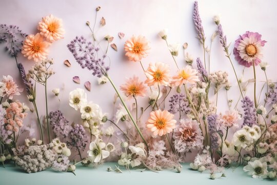 Creative flower composition with pastel spring field flowers. Generative AI