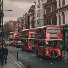 Fototapeta na wymiar A London painting of double decker buses on a city street