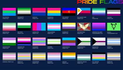 LGBT sexual identity pride flags gender collection. Flag of gay, lesbian, transgender, bisexual. Vector Illustration
