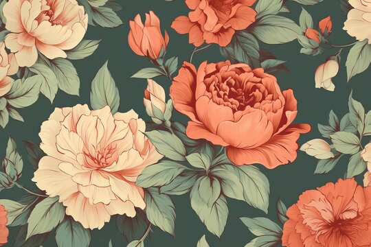 Vintage floral wallpaper with roses and peony. Generative AI