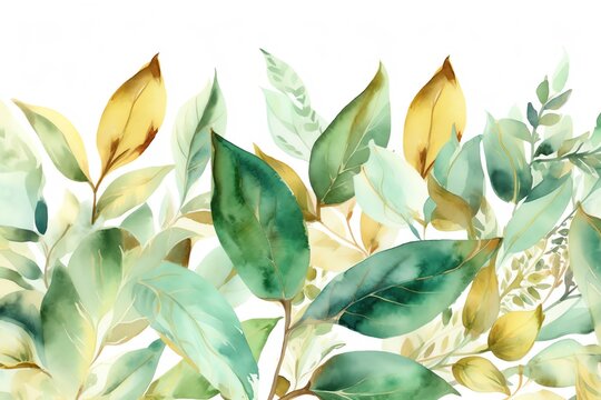 Watercolor seamless border with green and gold leaves. Generative AI