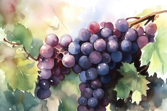 Watercolor illustration of ripe grapes on vine in vineyard. Generative AI