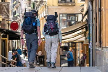 Adult couple doing the Way of St. James. Pamplona
