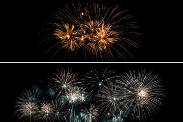 Set of multi-colored fireworks on a black background. Fireworks fly in all directions. overlay. Salute for New Year or Independence Day USA. Generative AI.