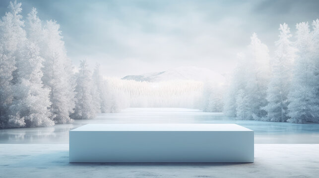 Winter snow on table and pedestal of free space for your decoration. Landscape of mountains and winter time. AI