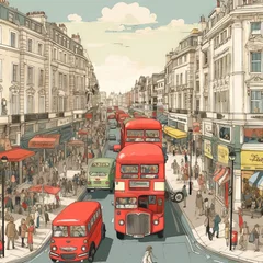 Foto op Canvas A London painting of double decker buses on a city street © ArquitecAi