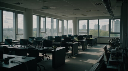 Fototapeta na wymiar Work in a large office with windows overlooking. Al generated