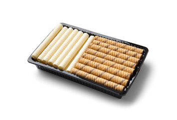 Wafer rolls in a package on a white background top view.