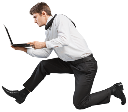 Portrait of young man using laptop isolated on white background