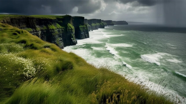 Ireland cliff atmosphere beside the ocean. Created using generative AI