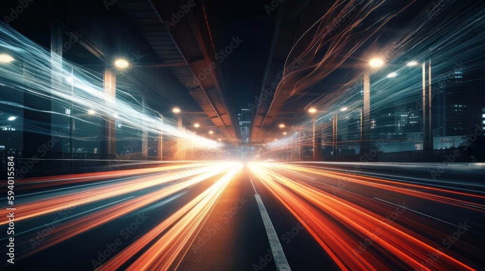 Poster Illustration showing hyperloop speed warp with smeared lights from a megacity at night. Generative AI