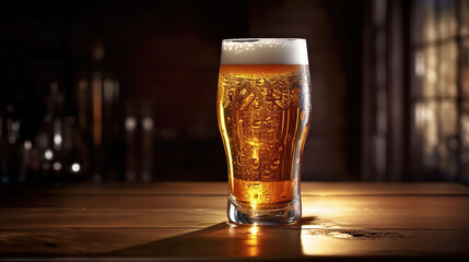 Glass of fresh and cold beer on dark background. generative ai