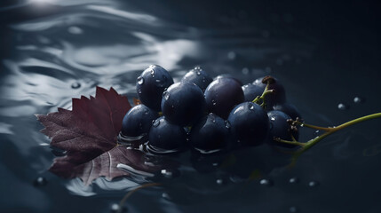 Fresh blue grape with leaves was placed in the middle of the water, generative ai