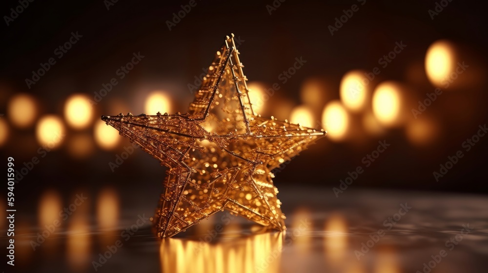 Poster a star shaped christmas ornament suspended on a branch with bokeh of light strands. generative ai