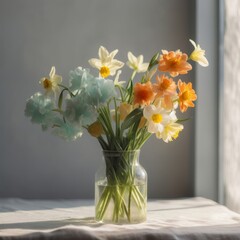 Bouquet of spring flowers in a glass vase. Generative ai