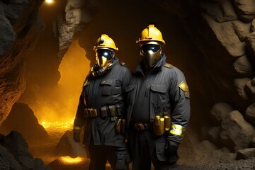Fototapeta premium Mines rescue in underground cave. Rescuers control mining safety, generative ai