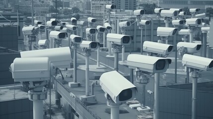 Lots of cctv security cameras monitoring a city. Generative ai