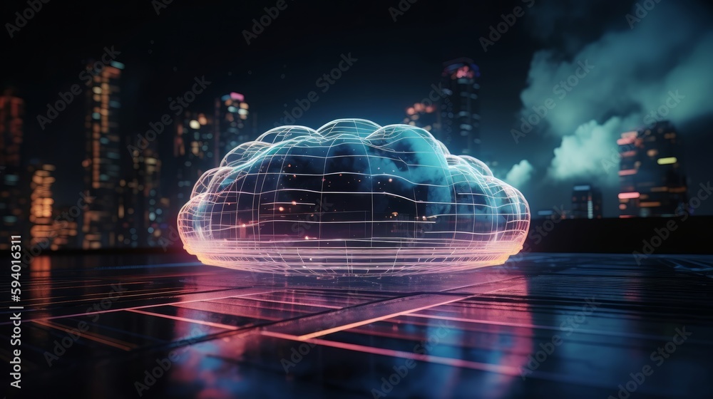 Poster Neon cloud computing technology concept. Generative ai
