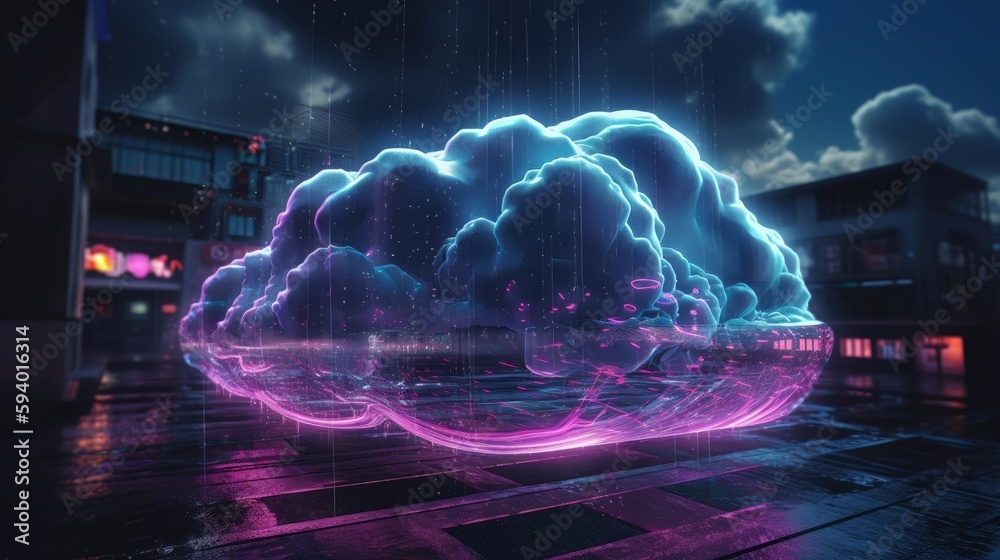 Poster Neon cloud computing technology concept. Generative ai
