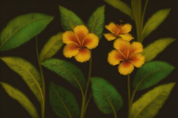 a painting of flowers and leaves on a black background, generative ai
