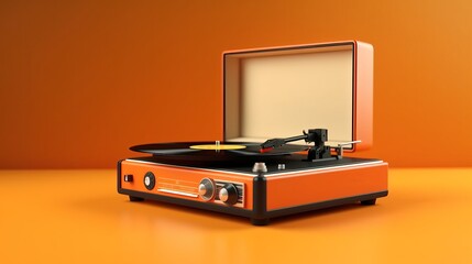 Old record player on an orange background. Generative ai