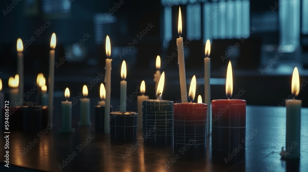 Poster row of candles against black background. generative ai