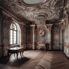 Room of a palace with baroque decoration. Ai Generative.