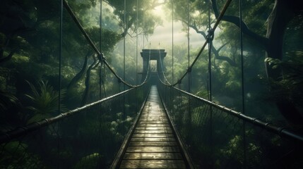 Fototapeta premium Suspension bridge in green forest under rain. Generative ai
