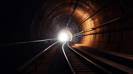Subway tunnel with blurred light tracks with arriving train in the opposite direction,