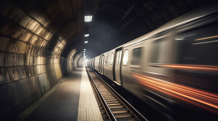Subway tunnel with blurred light tracks with arriving train in the opposite direction,