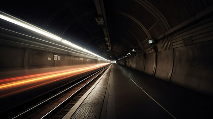 Fototapeta na wymiar Subway tunnel with blurred light tracks with arriving train in the opposite direction,