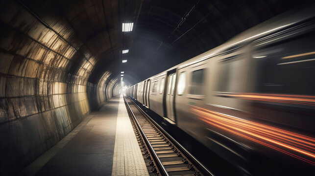 Subway tunnel with blurred light tracks with arriving train in the opposite direction, © sopiangraphics