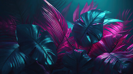 Abstract background with tropical leaves in magenta and azure. Generative AI