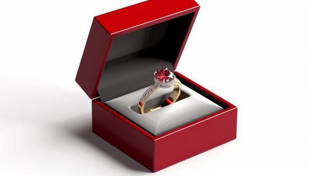 3D illustration silver gold ring with a diamond in a red box. Generative ai