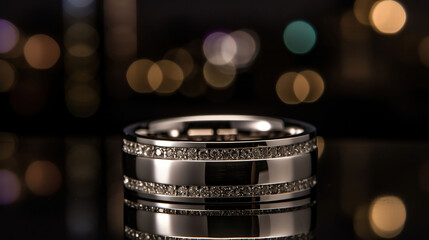 Fototapeta na wymiar The groom's sleek platinum wedding band was paired with a city skyline in the background. generative ai