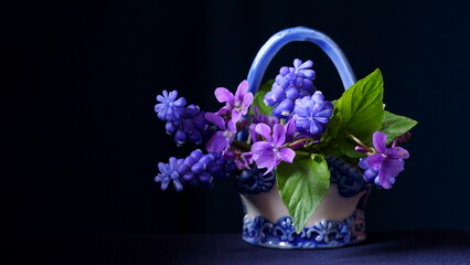 Beautiful background with spring flowers, purple viola and blue mascari flowers in the vase