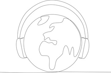 A world of listening to music with headphones. World music day one-line drawing