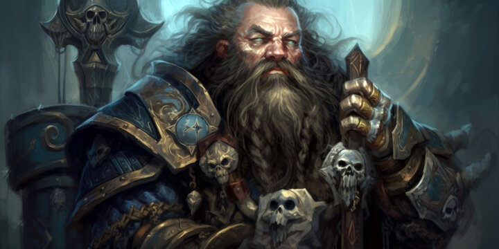 fantasy stoic dwarf cleric, dnd character concept, generative ai