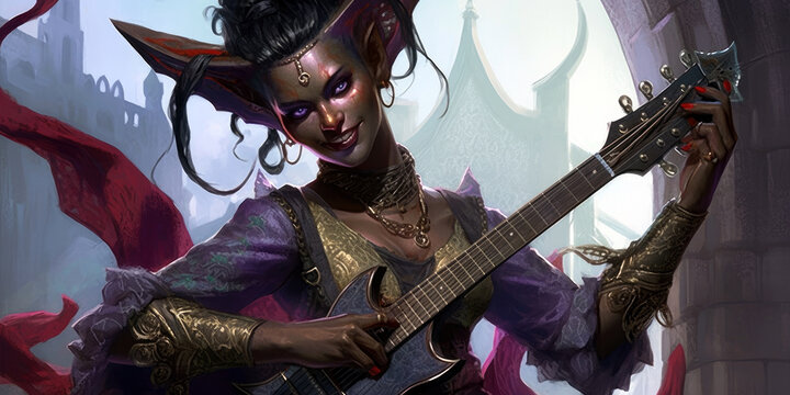 fantasy tiefling bard, dnd character concept, generative ai