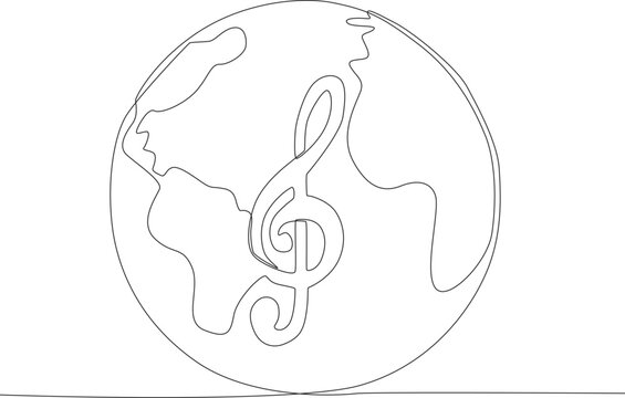 A world and icon of musical notation. World music day one-line drawing