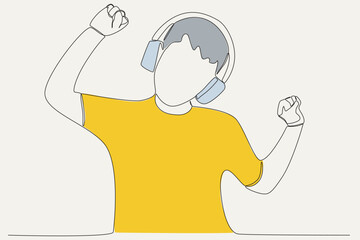 Color illustration of a happy man hearing music. World music day one-line drawing