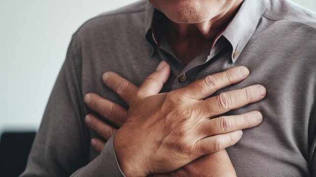 Older man with her hands on chest, anxiety and heart