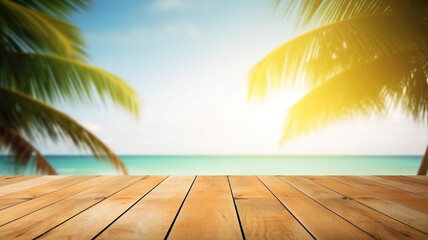 Summer vacation concept: Seascape and palm leaves on wooden table with blurred bokeh light of calm sea and sky at tropical beach background. Empty space ready for your product display montage