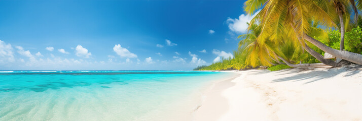Sunny tropical Caribbean ocean beach with palm coconut trees, sea island vacation on hot summer day