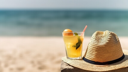 Fototapeta na wymiar Cocktail on the sand ocean beach, straw hat and sunglasses on seashore background, summer day, copy space for a product