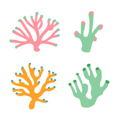 Fototapeta premium Set of sea corals on a white background. Vector illustration of colored aquarium plants. 4 Colors. Flat style