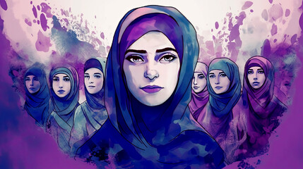 Muslim women in Iran advocate for women's rights; watercolor illustration in purple hues. Generative AI