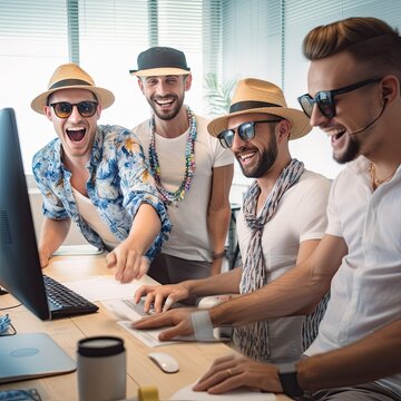 Happy coworkers dressed in beach cloths, working in the office ready for holidays, Ai Generative.