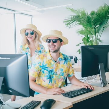 A couple of coworkers in beach clothing, waiting for holidays in the office. Ai Generative.